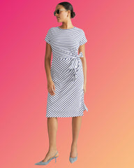 Crescent Breton Stripe Knot Dress - White/Cenote Stripe