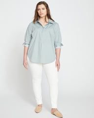 Elbe Popover Stretch Poplin Shirt Classic Fit - Sage/White Stripe