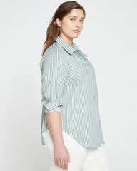 Elbe Popover Stretch Poplin Shirt Classic Fit - Sage/White Stripe