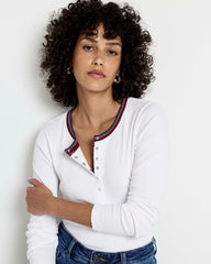 Henley Long Sleeve Ribbed Tee - White/Striped Trim