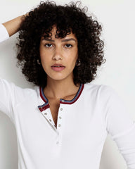 Henley Long Sleeve Ribbed Tee - White/Striped Trim