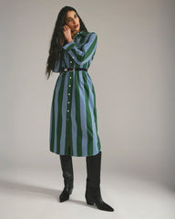 Odeon Stretch Poplin Shirtdress - Green/Blue Directional Stripe