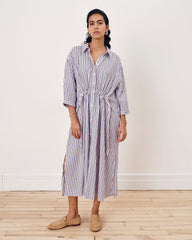 Paros Drawstring Linen Blend Shirtdress - Lilac Stripe Print