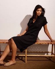 Sunshine Linen Blend Polo Dress - Black