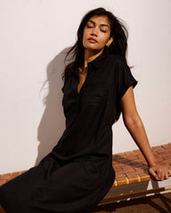 Sunshine Linen Blend Polo Dress - Black