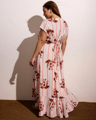 Sunset Linen Blend Flounce Dress - Wild Flower Bouquet Print on Stripes