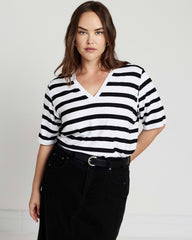 Maia Stovepipe Sleeve V Neck Tee - Black/White Stripe