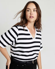 Maia Stovepipe Sleeve V Neck Tee - Black/White Stripe