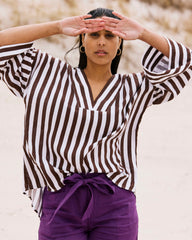 Elio V-Neck Linen Blend Top - Peppercorn Stripe