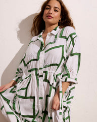 Paros Drawstring Linen Blend Shirtdress - Green Paint Print