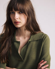 Savvy Fine Knit Short Sleeve Polo Sweater - Olive Leaf
