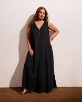 Islet Button-Down Linen Blend Maxi Dress - Black