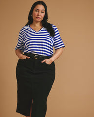 Maia Stovepipe Sleeve V Neck Tee - Hammersmith Blue/White Stripe