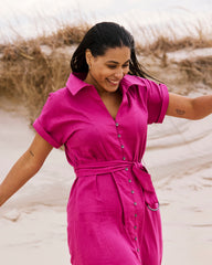 Sandy Stretch Linen Blend Shirtdress - Hyper Pink