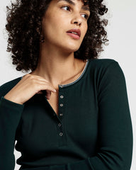 Henley Long Sleeve Ribbed Tee - Forest Green/Striped Trim