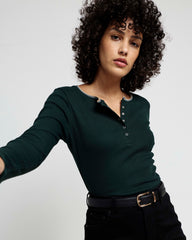 Henley Long Sleeve Ribbed Tee - Forest Green/Striped Trim