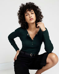 Henley Long Sleeve Ribbed Tee - Forest Green/Striped Trim