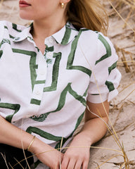 Luisa Short Sleeve Linen Blend Shirt - Green Paint Print