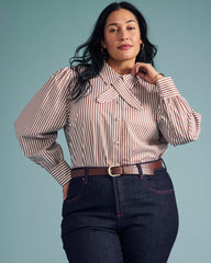 Janet Tie-Neck Cotton Poplin Shirt - Allspice/White Stripe