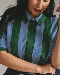 Elbe Stretch Poplin Short Sleeve Shirt - Green/Blue Directional Stripe