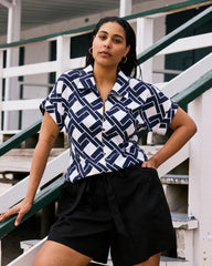 Sandy Short Sleeve Stretch Linen Blend Shirt - Geometrica Print