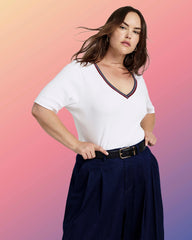 Classic V-Neck Ribbed Tee - White/Striped Trim