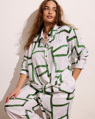 Dawn Linen Blend Hi Low Tunic - Green Paint Print