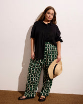 Iris Linen Blend Easy Pull-On Pants - Green Trellis Print