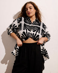 Dawn Linen Blend Hi Low Tunic - Ink Bloom Print