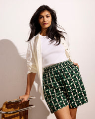 Juniper Linen Blend Easy Pull-On Shorts - Green Trellis Print