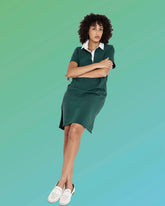 Varsity French Terry Polo Dress - Forest Green/White