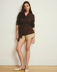 Belted Double Breasted Linen Blend Blazer - Sophisticated Brown