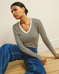 Long Sleeve V Rex - Ecru/Black Stripe