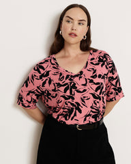 Lily Liquid Jersey V-Neck Stovepipe Tee - Pink Sgraffito Print