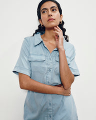 Perfect Tencel Chambray Short Sleeve Shirtdress - Morning Blue