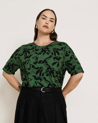 Lily Liquid Jersey Crew Neck Stovepipe Tee - Green Sgraffito Print