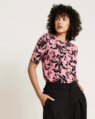 Lily Liquid Jersey Crew Neck Stovepipe Tee - Pink Sgraffito Print