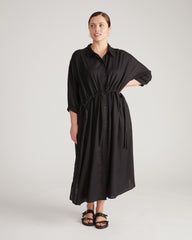 Paros Drawstring Linen Blend Shirtdress - Black