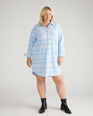 Maine Stretch Flannel Shirtdress - Teapot Whistle Blue Plaid