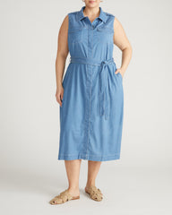 Perfect Tencel Chambray Sleeveless Savannah Shirtdress - Cove Blue