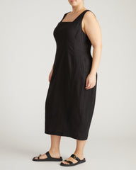 Saulay Square Neck Linen Blend Midi Dress - Black
