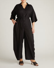 Maggie Barrel Leg Linen Blend Jumpsuit - Black