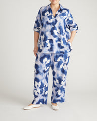 Iris Linen Blend Easy Pull-On Pants - Blue Pressed Flower Print