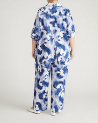 Iris Linen Blend Easy Pull-On Pants - Blue Pressed Flower Print
