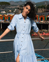 Alix Embroidered Linen Blend Shirtdress - Cielo Blue
