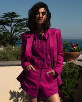 Belted Double Breasted Linen Blend Blazer - Hyper Pink