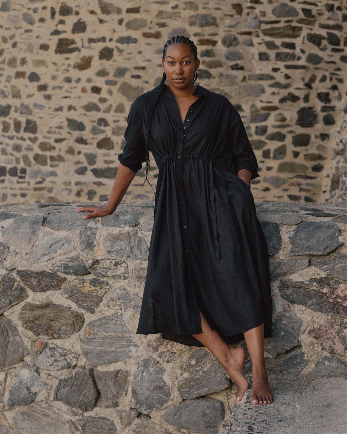 Paros Drawstring Linen Blend Shirtdress - Black