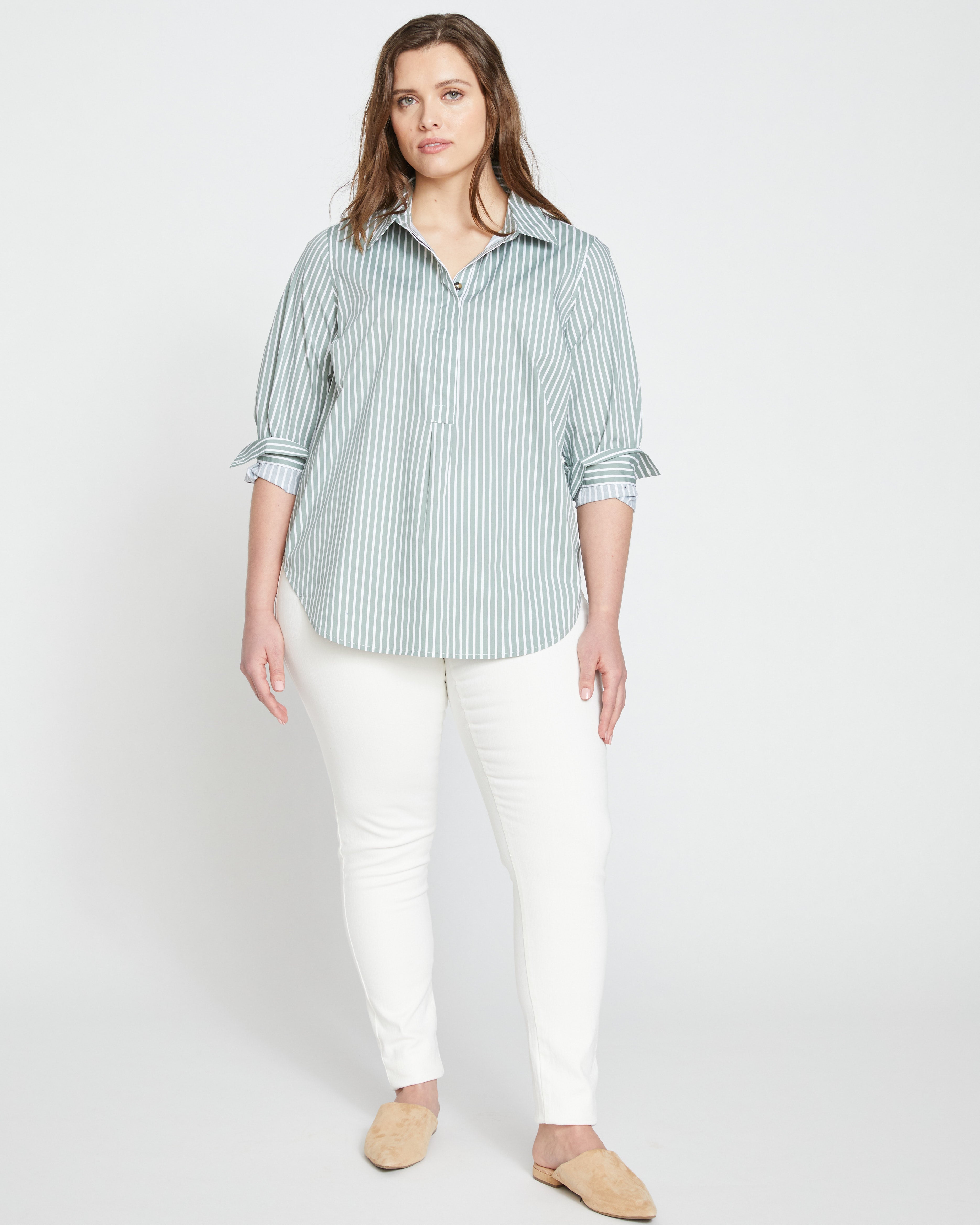 Elbe Popover Stretch Poplin Shirt Classic Fit - Sage/White Stripe