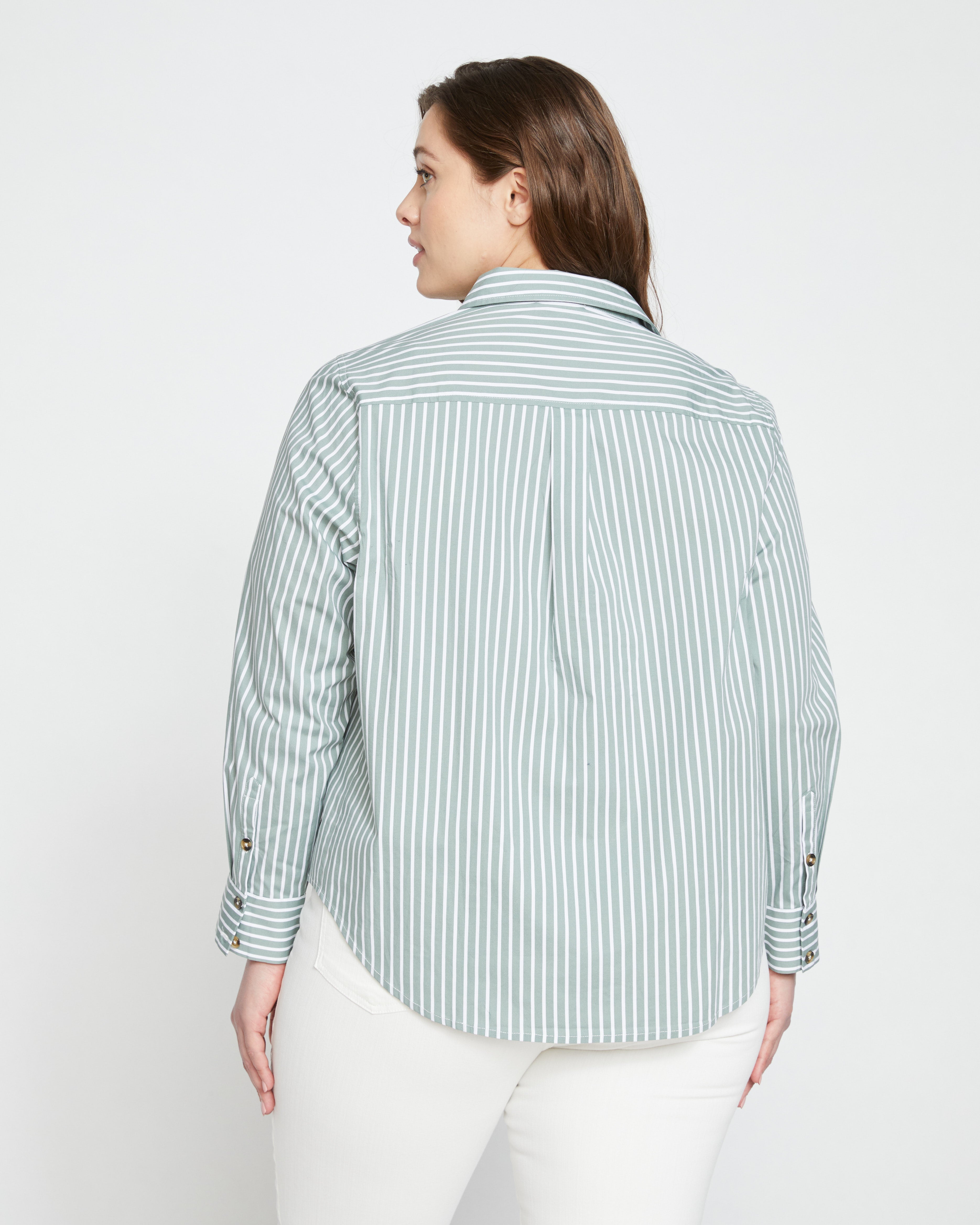 Elbe Popover Stretch Poplin Shirt Classic Fit - Sage/White Stripe