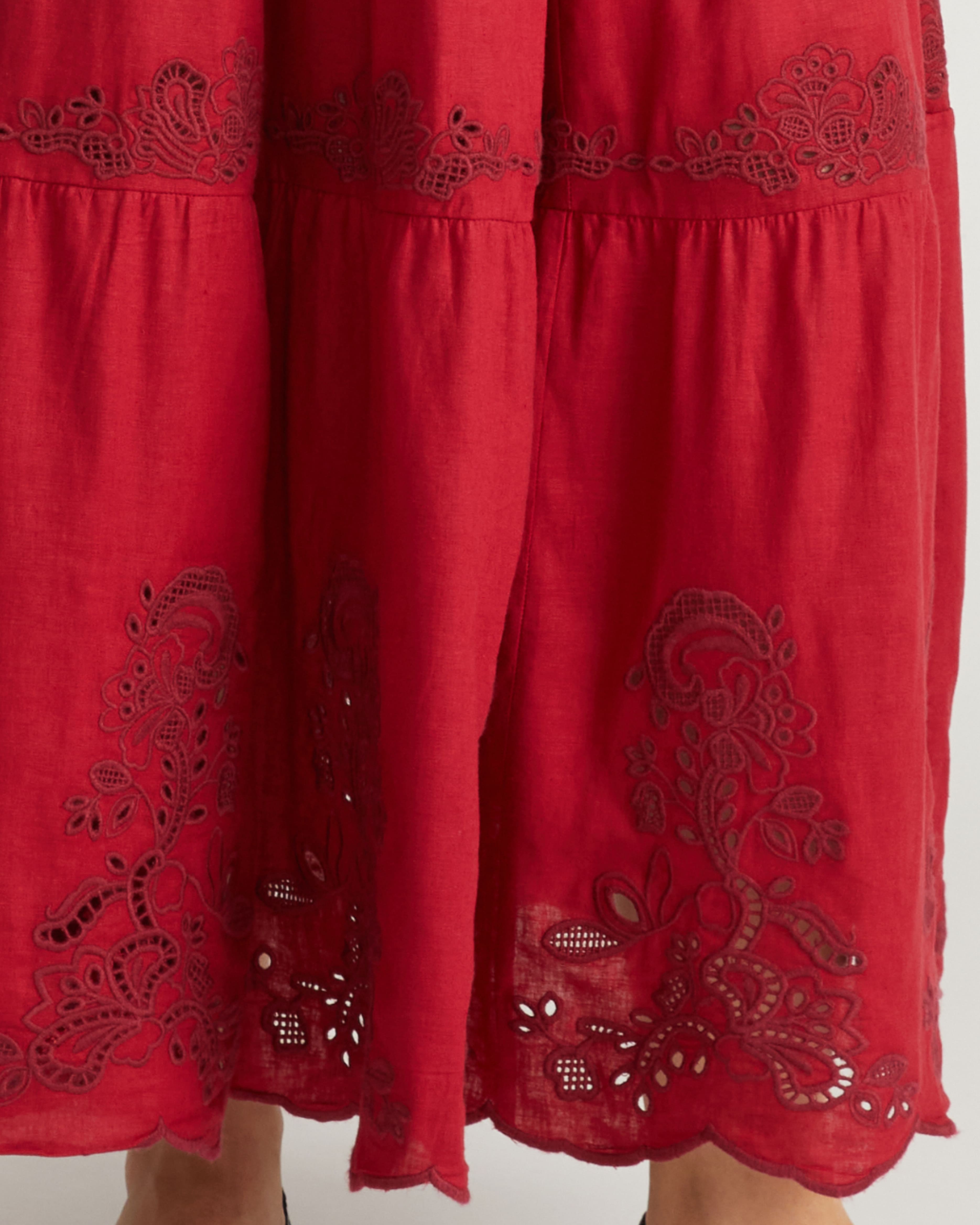 Tosca Embroidered Linen Blend Maxi Skirt - Vibrant Red